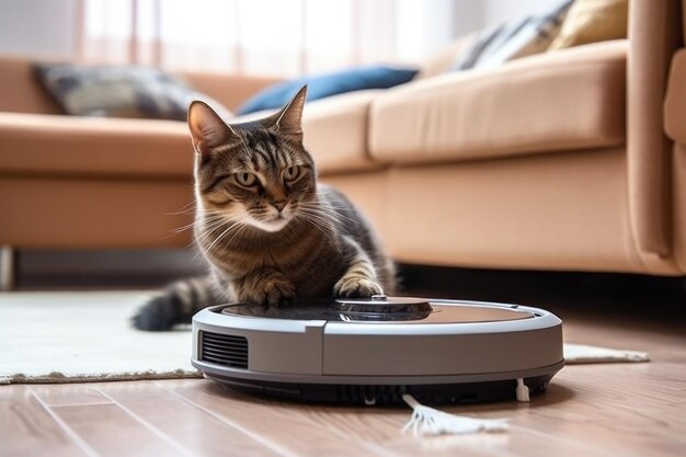 Cat sits on top of a robot vacuum cleaner cleaning up scraps on the living room floor Generative AI