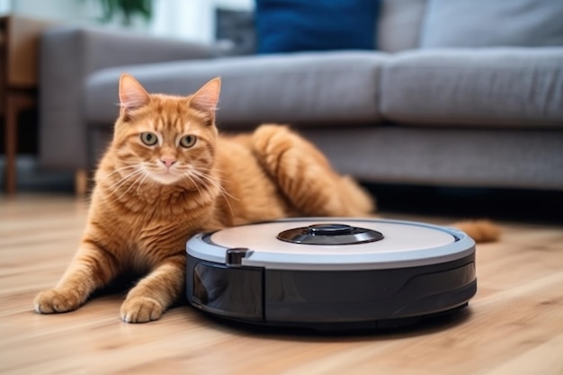 Cat sits on top of a robot vacuum cleaner cleaning up scraps on the living room floor Generative AI