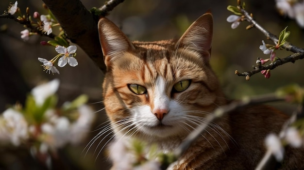 背景に花が咲く木に座っている猫