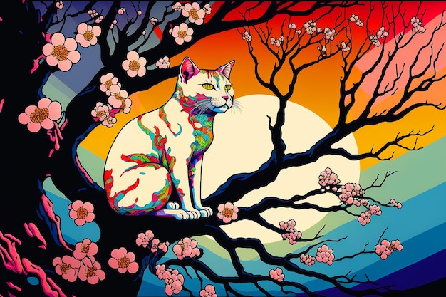 猫が花を背景に木の上に座っています。