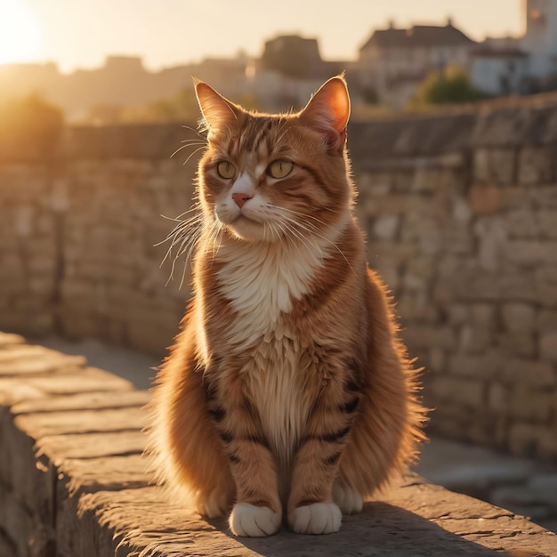 猫が壁の上に座り太陽が後ろに沈んでいます