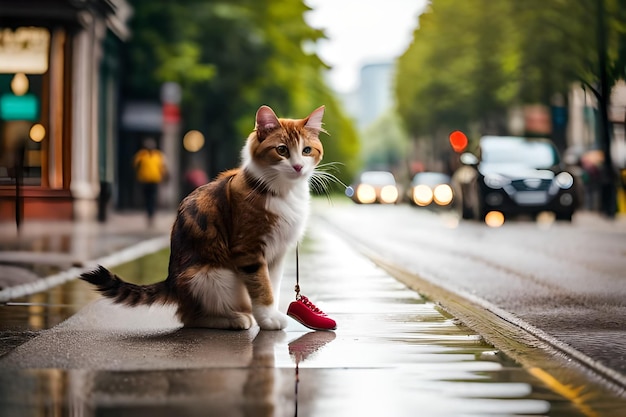 a cat sits on a wet sidewalk in the rain.