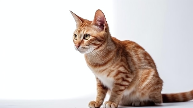 A cat sits on a white surface.