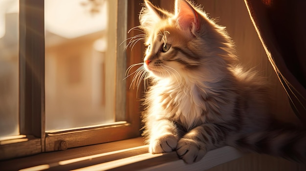 A cat sits on a window sill and looks out the window.