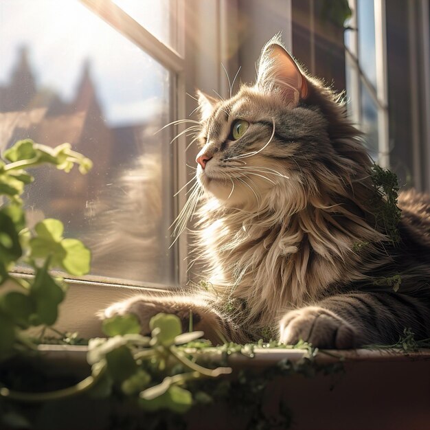 a cat sits on a window sill with a window in the background.