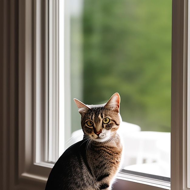 A cat sits on a windowsill in front of a window.