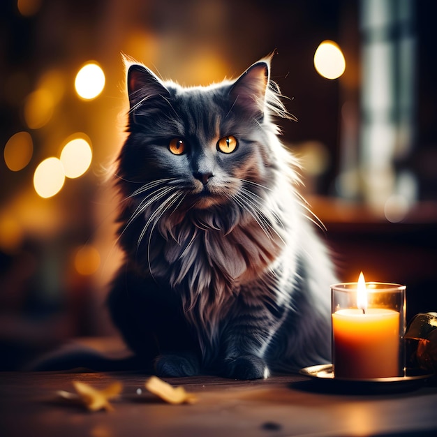 A cat sits with a candle in the evening