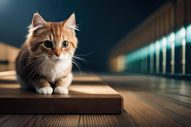 A cat sits on a wooden mat in front of a window