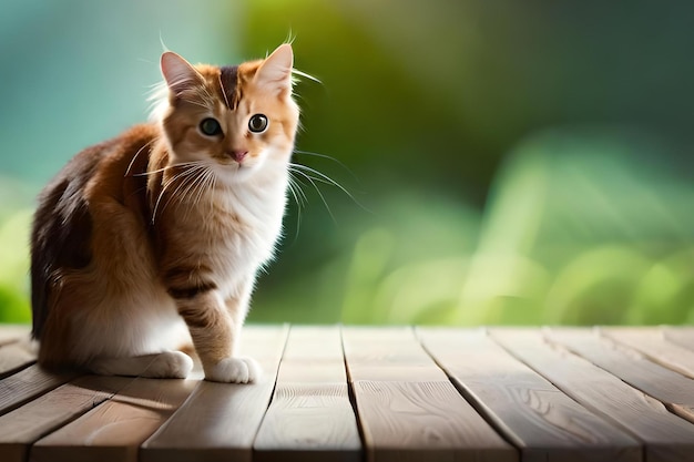 A cat sits on a wooden table in front of a blurred background