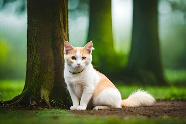 A cat sits in the woods in front of a tree.