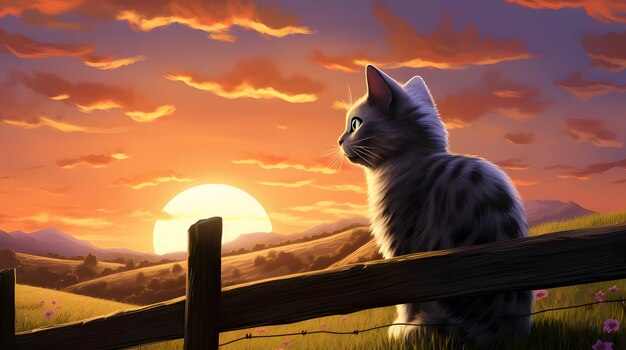 A cat sitting atop a fence watching a sunset over rolling hills