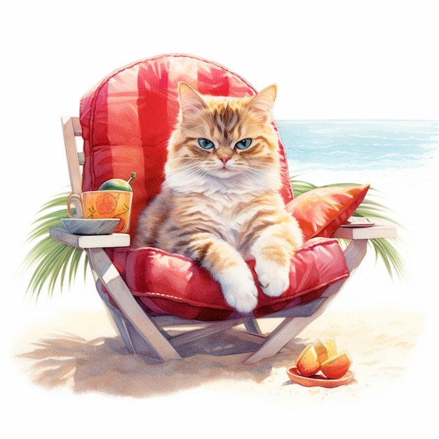 A cat sitting on a beach chair with a drink on it.