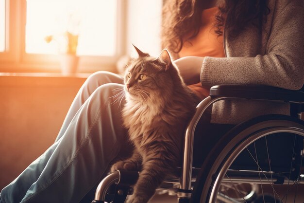 cat sitting beside woman on wheelchair