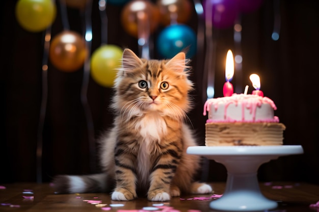 a cat sitting next to a birthday cake