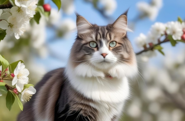 A cat sitting on a blooming branch of an apple tree in the spring