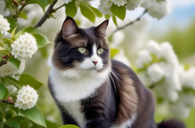 Кошка, сидящая на цветущей ветви яблоневого дерева весной