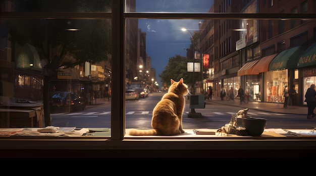 A cat sitting in a bookstore window observing passersby