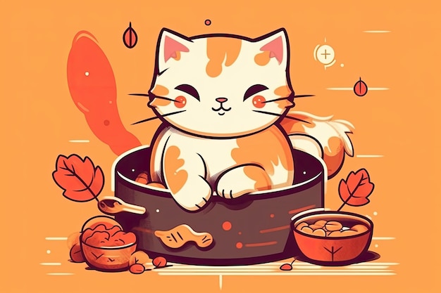 Cat sitting in a bowl with a bowl of food beside it Generative AI