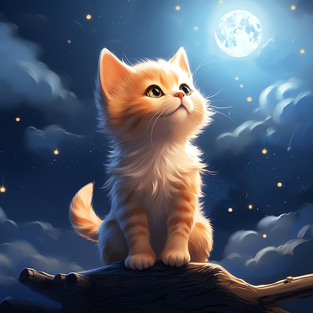 a cat sitting on a branch looking up at the moon