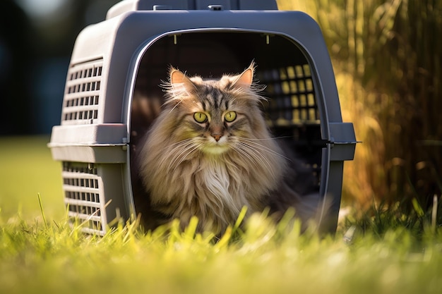 草の上のキャリアに座っている猫