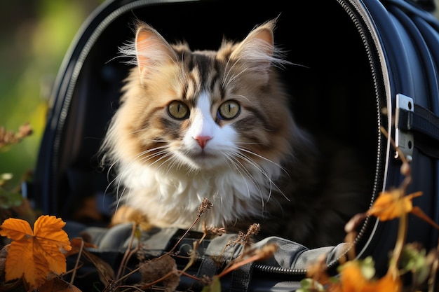 Cat sitting in carrier on grass