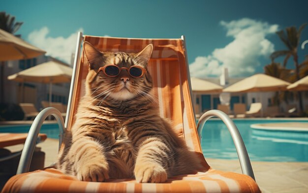 A cat sitting in a chair near a pool AI