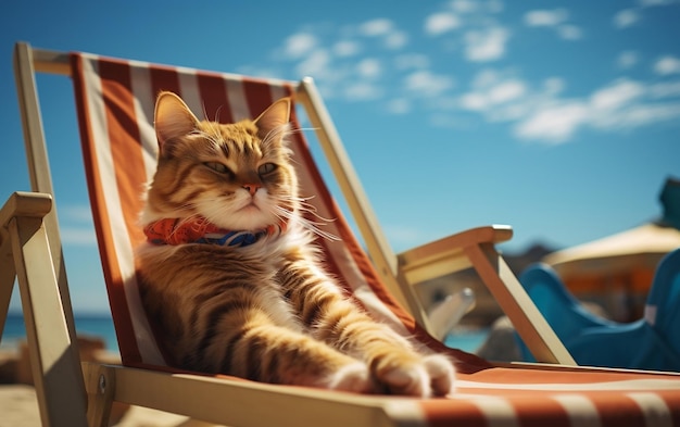 Photo a cat sitting in a chair near a pool ai