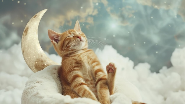 Кошка, сидящая на облаке с полумесяцем