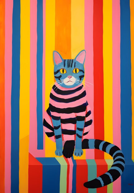 A cat sitting on a colorful background