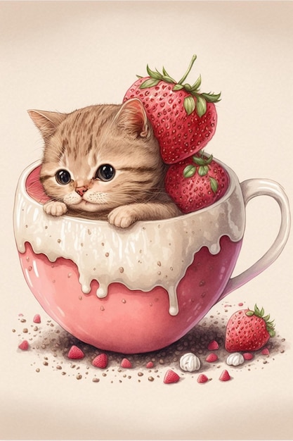 Cat sitting in a cup filled with strawberries generative ai