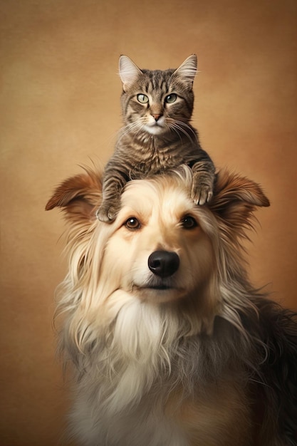 猫が犬の頭の上に座っている小さなペットの友達