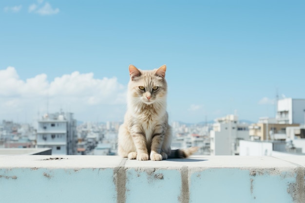 A cat sitting on the edge of a building with a city in the background
