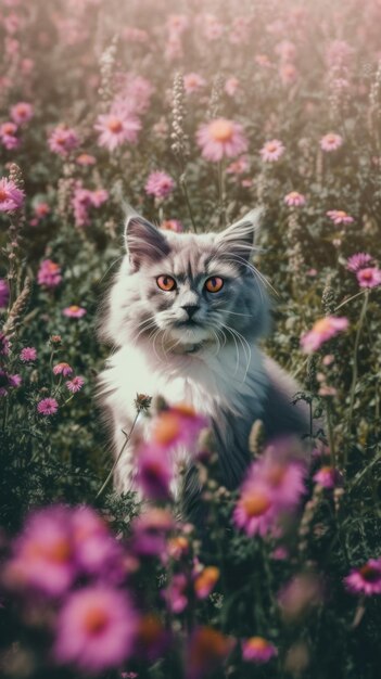 Кошка сидит в поле с цветами Генеративное изображение AI