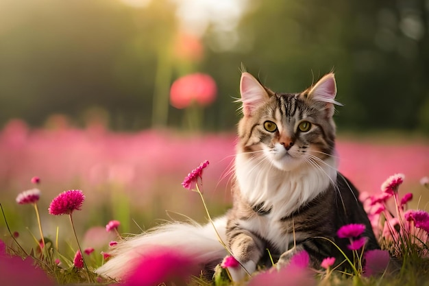 A cat sitting in a field of flowers