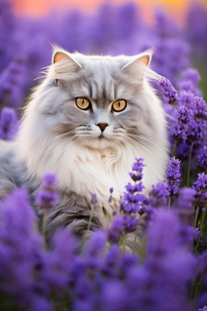 A cat sitting in a field of purple flowers