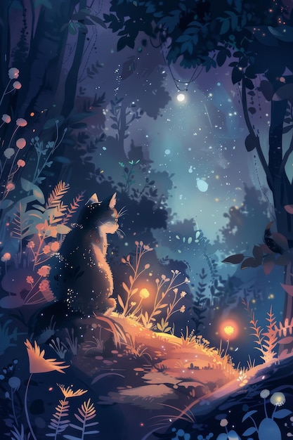 Photo cat sitting in forest at night