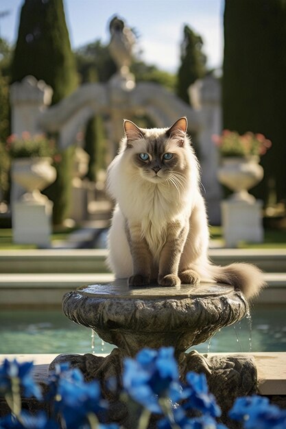 Кошка, сидящая на фонтане перед садом.