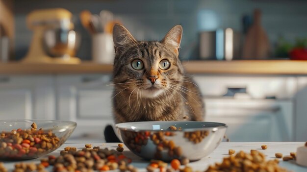 A cat sitting in front of a bowl of food