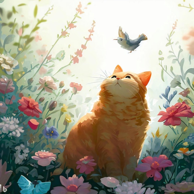 cat sitting in a garden of flowers