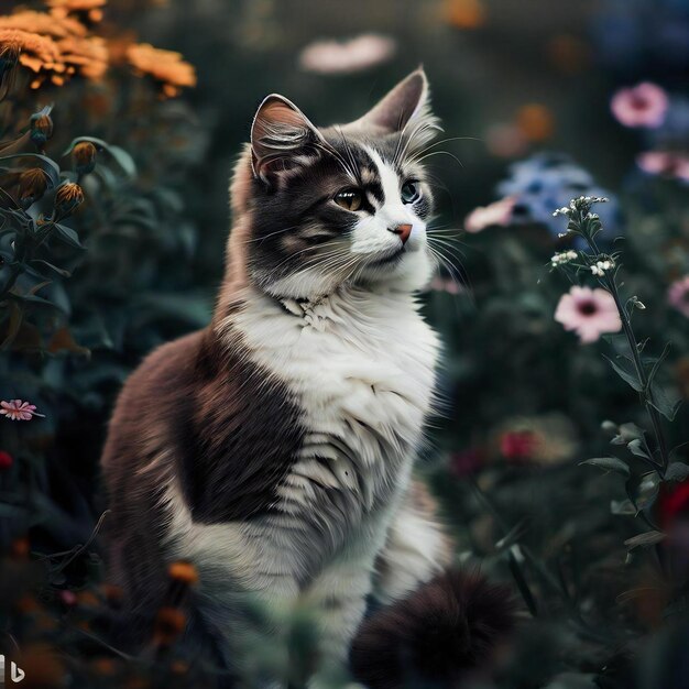 cat sitting in a garden of flowers