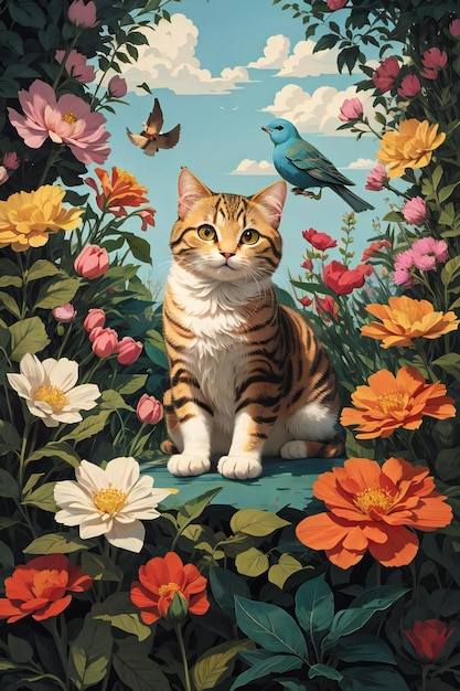 cat sitting in a garden of flowers