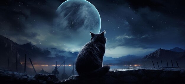 A cat sitting gracefully against a backdrop of a large full moon