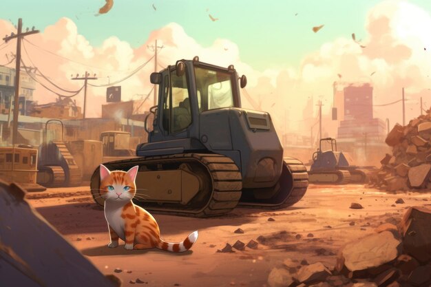 A cat sitting on the ground in front of a bulldozer generative ai image