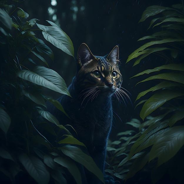 a cat sitting in the middle of a forest