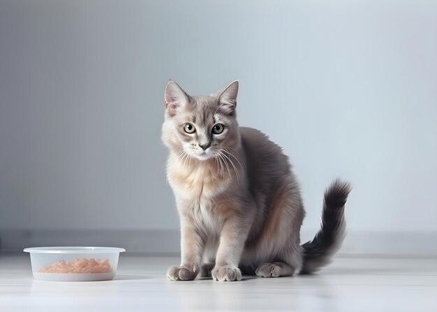 Cat sitting near the bowl of pet food AI generated