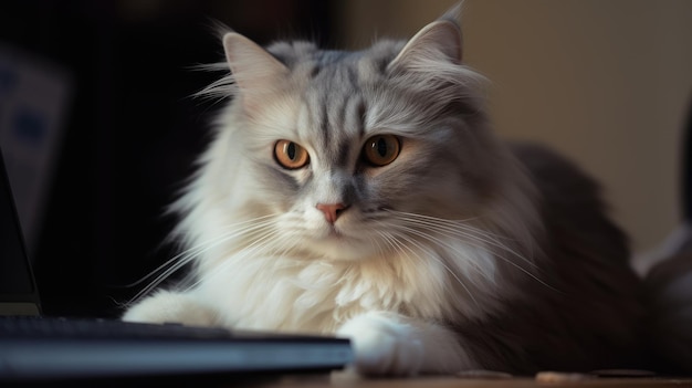 Cat sitting near laptop