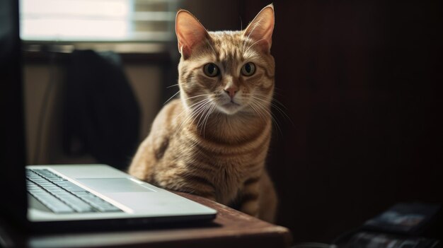 ノートパソコンの近くに座る猫