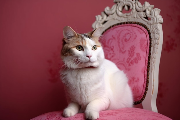 A cat sitting on a pink chair