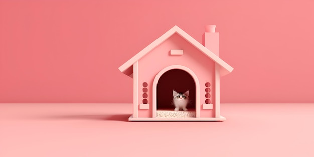 Кот сидит в розовом вип-доме, животное, отель, баннер, фон, сгенерированный AI