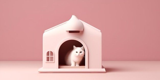 Cat sitting in a pink vip house animal hotel pink background AI generated